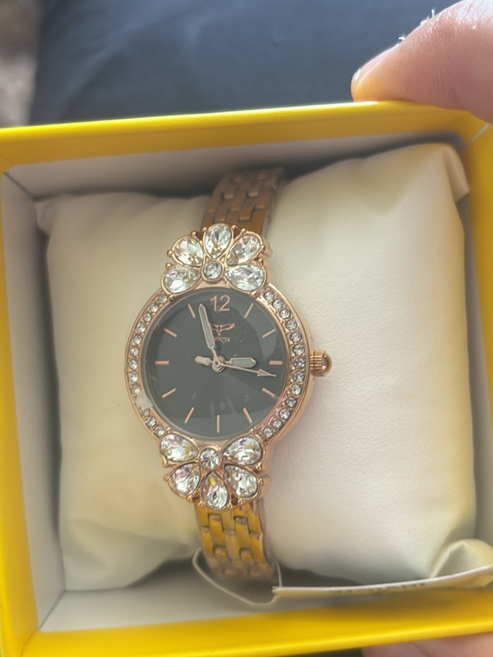 Invicta Rose Gold Crystal Floral Bracelet Watch with Black Dial